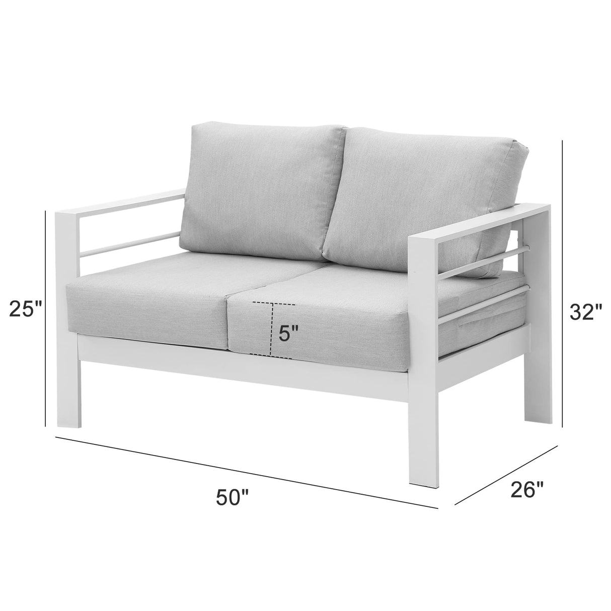 Wisteria Lane Patio Furniture Aluminum Loveseat, All-Weather Outdoor 2 Seats Sofa Couch, White Metal Chair with Light Grey Cushions Wisteria Lane