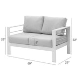 Wisteria Lane Patio Furniture Aluminum Loveseat, All-Weather Outdoor 2 Seats Sofa Couch, White Metal Chair with Light Grey Cushions Wisteria Lane