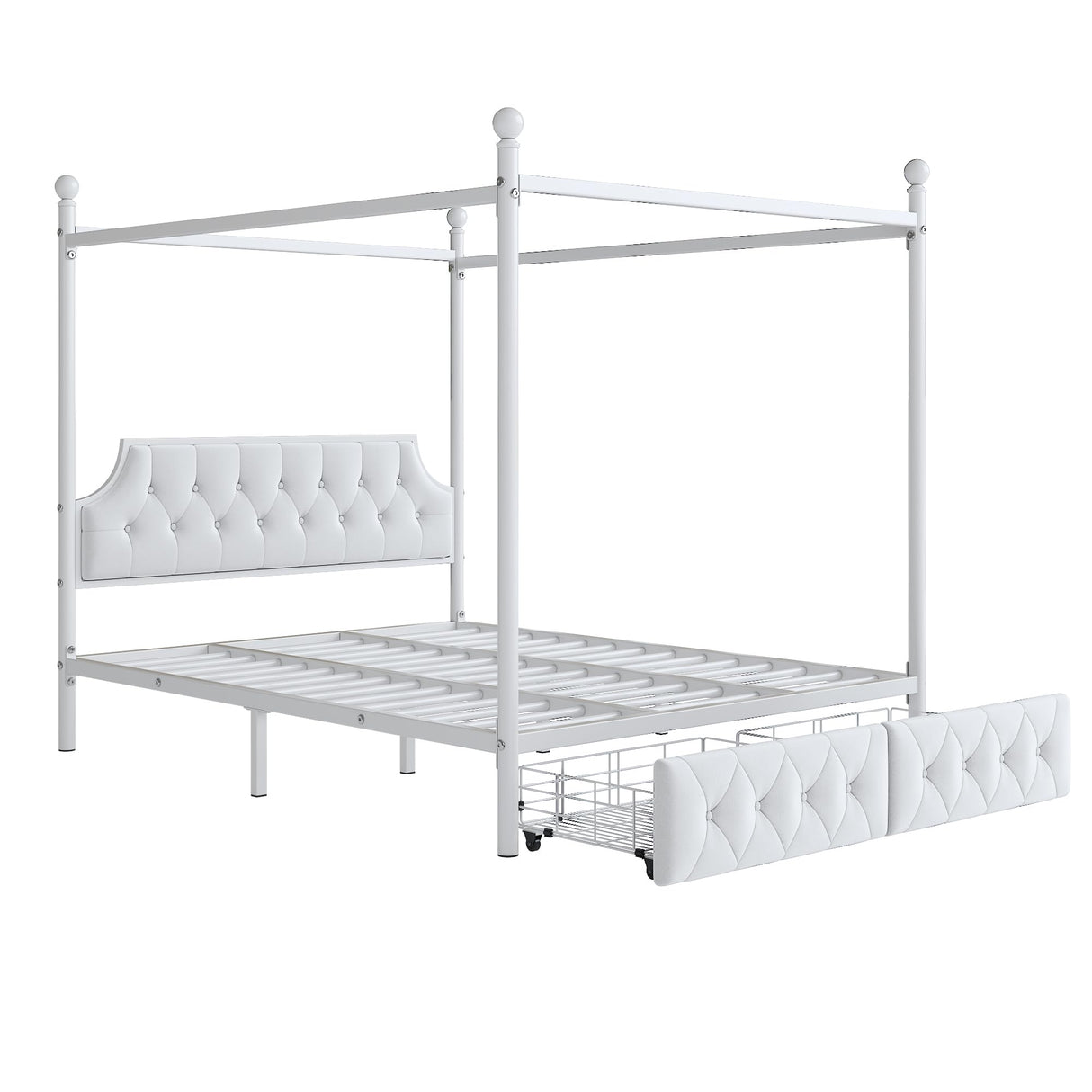 SOFTSEA Metal Canopy Bed Frame Queen Size Upholstered Canopy Bed Frame with 2 Drawer, Four-Poster Metal Platform Bed with Upholstered Headboard, White SOFTSEA