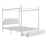 SOFTSEA Metal Canopy Bed Frame Queen Size Upholstered Canopy Bed Frame with 2 Drawer, Four-Poster Metal Platform Bed with Upholstered Headboard, White SOFTSEA