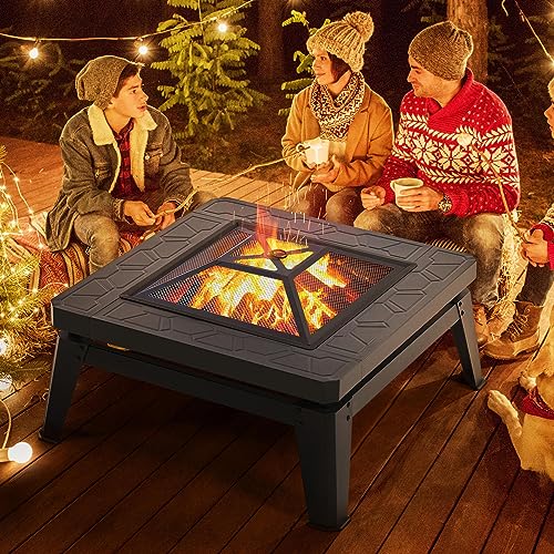 Yaheetech Fire Pit 34.5in Fire Pits for Outside Large Fire Pit Table Futuristic Mecha/Mechs Design Square Wood Burning Fire Pits for Patio Garden Camping Bonfire W/Log Grate & Rain Cover & Po - WoodArtSupply