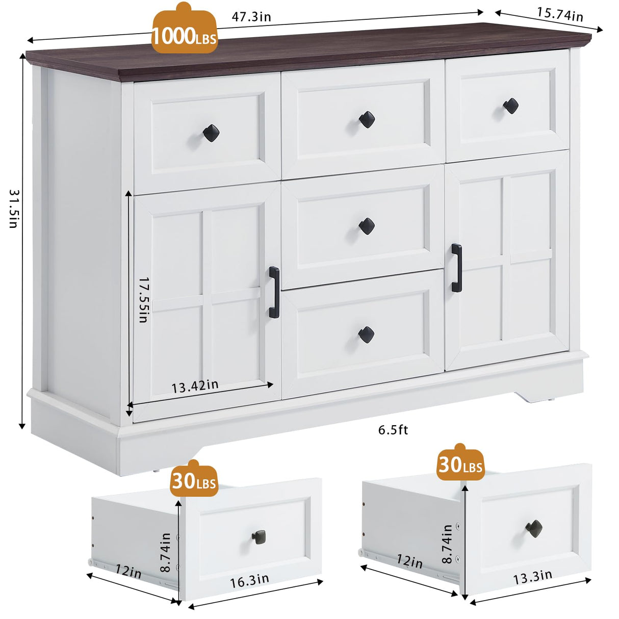 KHLJJU Farmhouse 5+2 White Dresser for Bedroom, Chest of Drawers for Bedroom with 5 wooden Drawers and 2 Cross Doors, Wood Dressers Storage TV Stand for Bedroom, Living Room KHLJJU