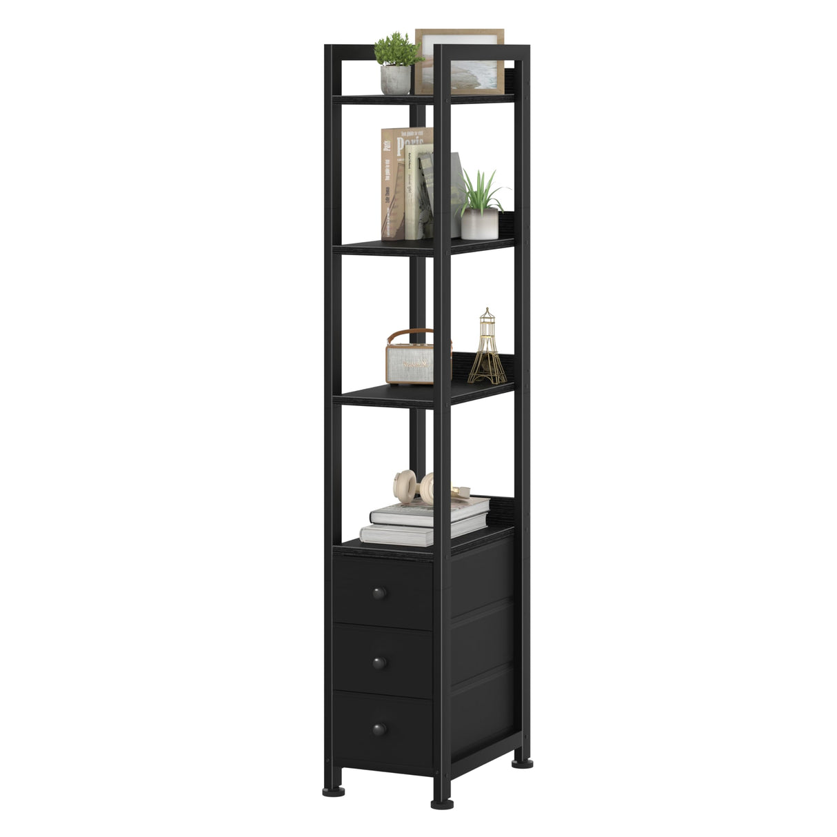 KLUVIS Black Narrow Bookshelf with 3 Drawers - 4 Tier Thin Book Shelf for Small Spaces Skinny Shelves Slim Farmhouse Fabric Drawer 60 inch Tall (04B) KLUVIS