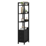 KLUVIS Black Narrow Bookshelf with 3 Drawers - 4 Tier Thin Book Shelf for Small Spaces Skinny Shelves Slim Farmhouse Fabric Drawer 60 inch Tall (04B) KLUVIS