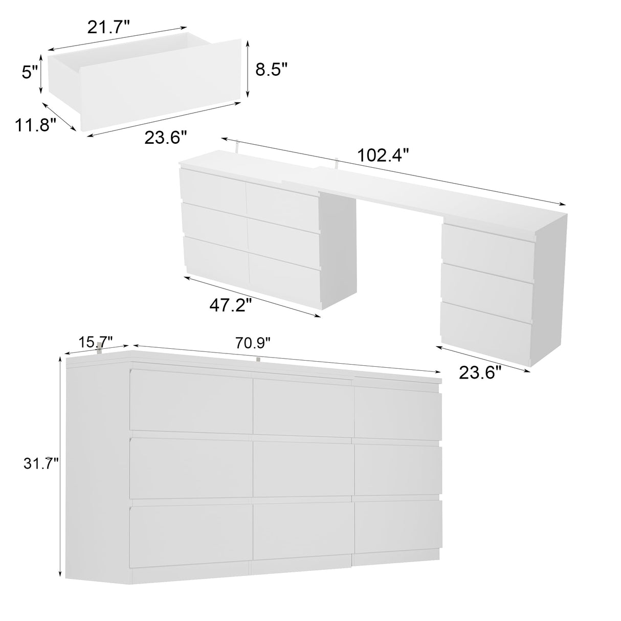 TAMUNE L-Shaped Dressing Table with 9 Drawers, Extendable Vanity Desk and Dresser Combo, Wood Vanity Dresser Makeup Desk, Wide Desktop, for Bedroom Dressing Room, White (70.9”W x 47.2”D x 31.7”H) TAMUNE