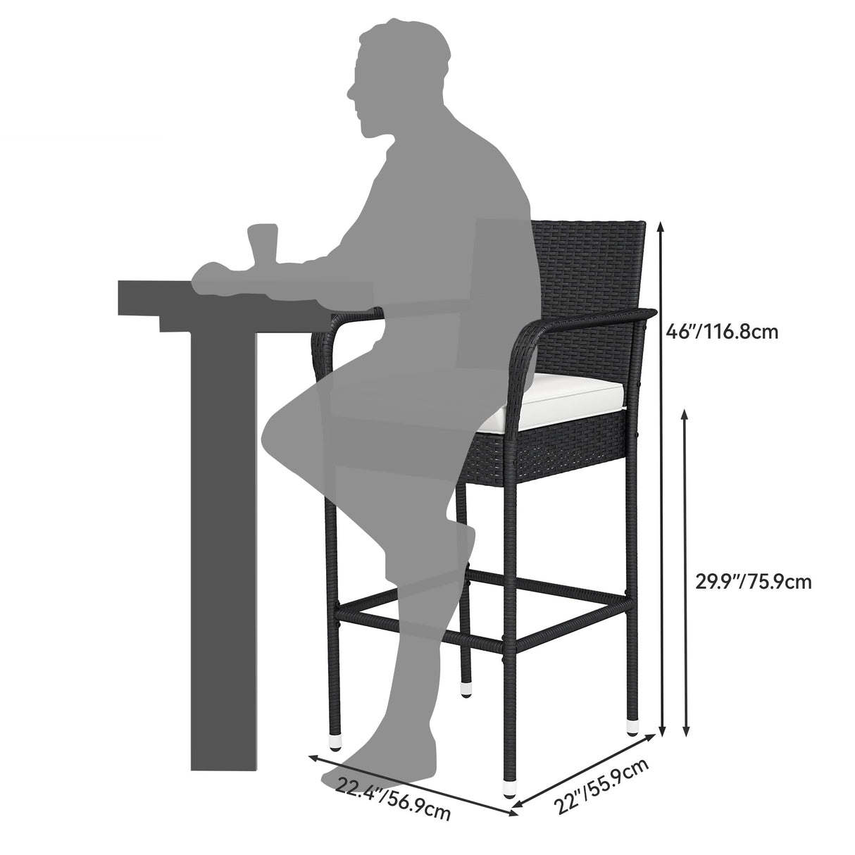 YITAHOME Outdoor Wicker Bar Stools Set of 2, Patio Wicker Counter Stools with Armrest & Backrest, Outdoor Bar Height Chairs with Soft Cushions for Backyard Pool Garden Deck, Black YITAHOME