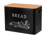 TeamFar Bread Box with Wooden Lid, 13.1” x 7.2” x 9.7” Metal Bread Container Storage Holder for Family Farmhouse Kitchen Countertop, Powder-Coated & Healthy, Large Capacity & Classic Pattern (Black) TeamFar