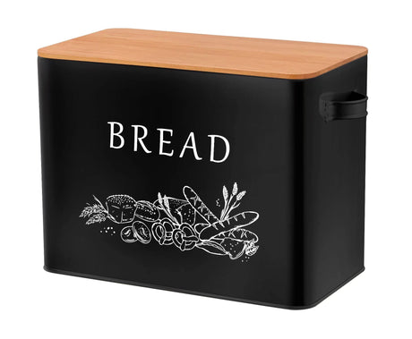 TeamFar Bread Box with Wooden Lid, 13.1” x 7.2” x 9.7” Metal Bread Container Storage Holder for Family Farmhouse Kitchen Countertop, Powder-Coated & Healthy, Large Capacity & Classic Pattern (Black) TeamFar