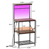 Kitchen Bakers Rack with Power Outlet & LED Lights, Small Coffee Bar Table with Adjustable Storage Shelf, 4 Tiers Microwave Stand with 8 Hooks, Coffee Station for Appliance Organizer, Rustic Brown Korfile