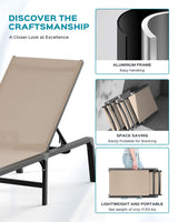 Aluminum Chaise Lounge Ourdoor - Foldable & Assemble Free Outdoor Lounge Chair with 5 Adjustable Backrest, Patio Lounge Chair for Outside Poolside Beach Pool, Khaki Ciokea