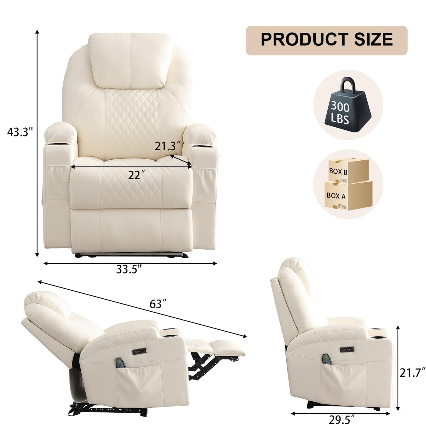 AHMED Power Recliner Chair, Home Theater Seating with LED Ambient Lighting, PU Leather Lazy Sofa Heat Massage Chair with Cup Holders/Side Pockets/USB Ports for Living Room (Beige, Single)