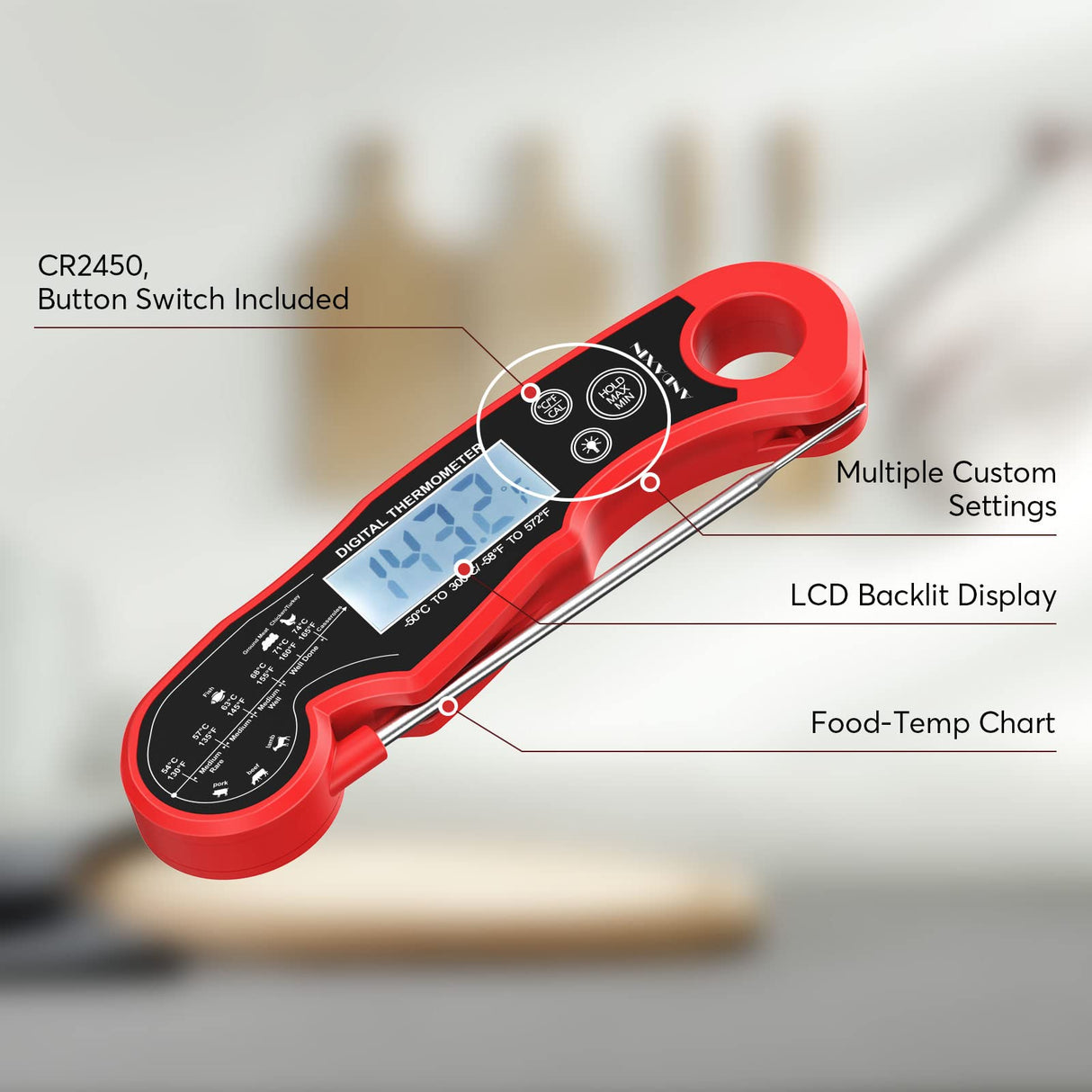 Meat Thermometer Digital for Grilling and Cooking - ANDAXIN Waterproof Ultra-Fast Instant Read Food thermometers with Backlight & Calibration for Kitchen, Deep Fry, BBQ, Grill(Red/Black), LCD ANDAXIN