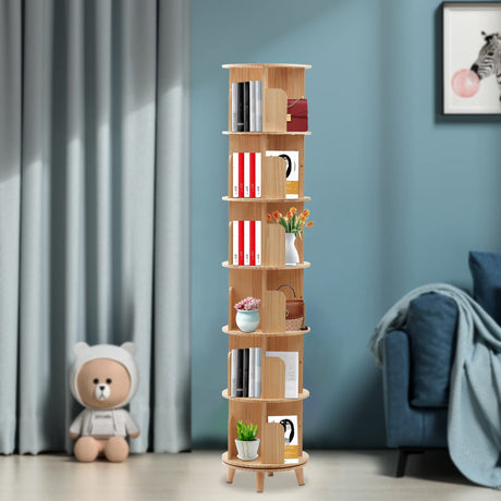6-Tier Rotating Wood Bookshelf - Multi-Functional 360° Floor Standing Organizer for Kids & Adults RustyVioum