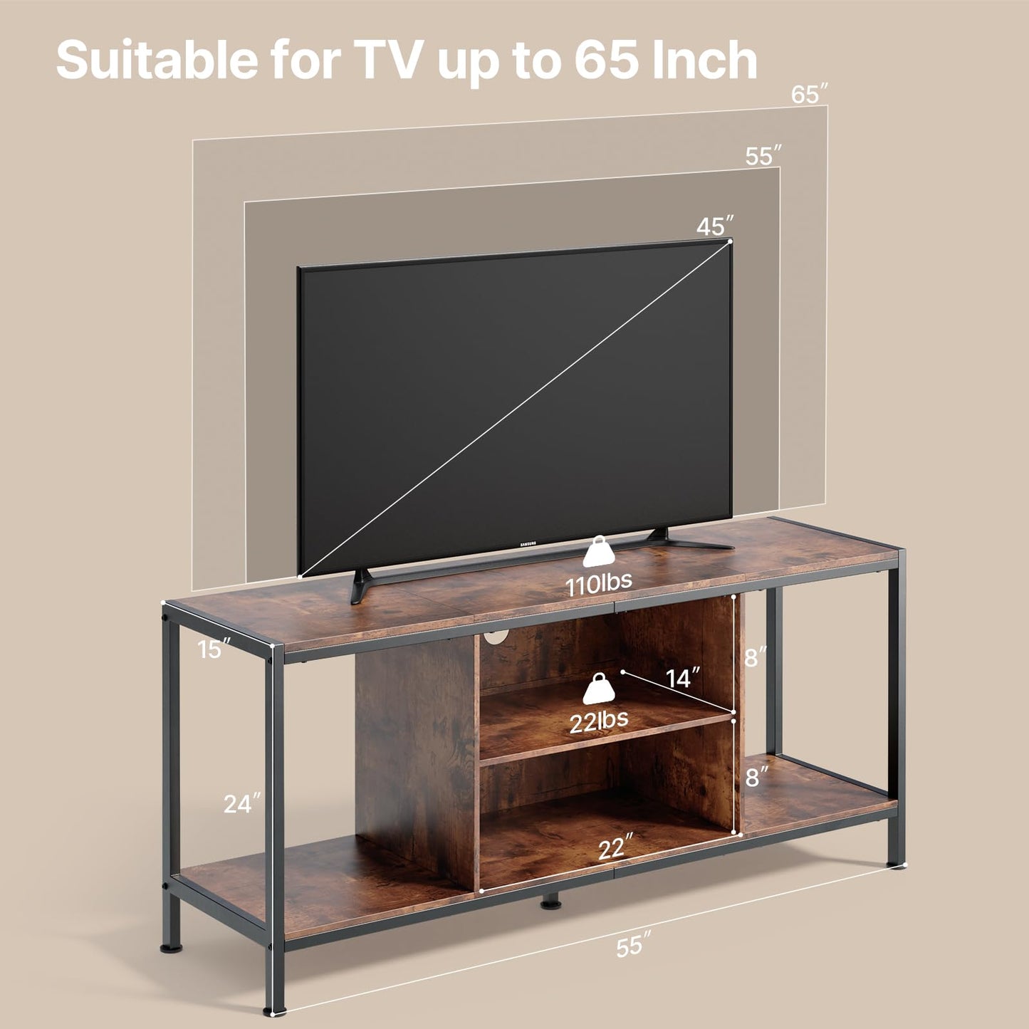 Gizoon TV Stand for TV up to 65 Inch with Open Shelves, 3-Tier Gaming Entertainment Center for PS5, Wooden TV Console Table Modern for Living Room Game Room, Rustic Brown - WoodArtSupply