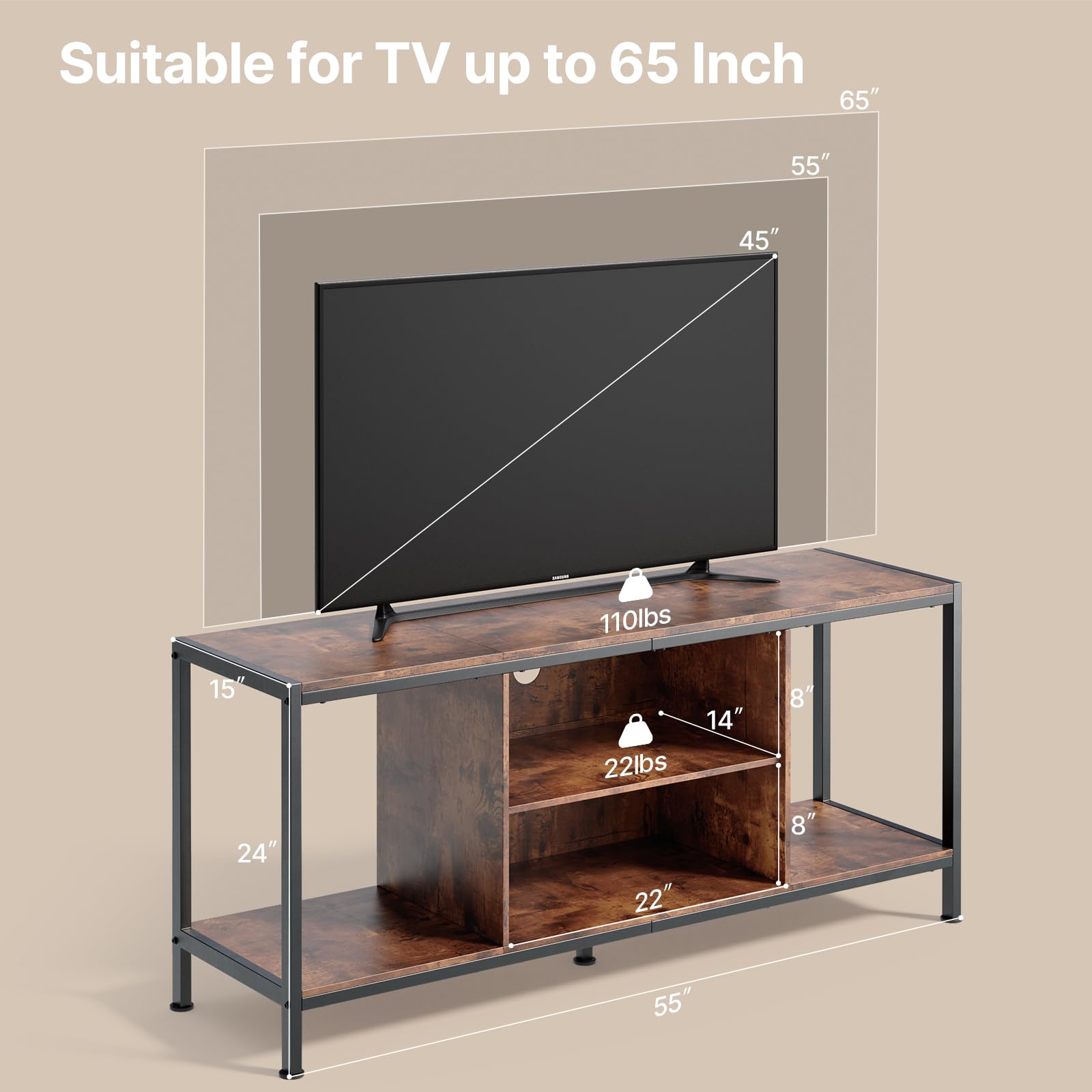 Gizoon TV Stand for TV up to 65 Inch with Open Shelves, 3-Tier Gaming Entertainment Center for PS5, Wooden TV Console Table Modern for Living Room Game Room, Rustic Brown - WoodArtSupply