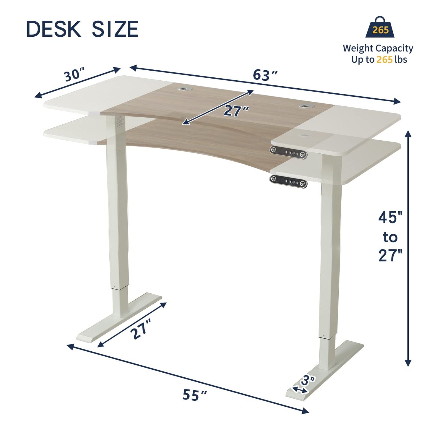 HEONAM Dual Motor Electric Standing Desk, 63 x 30 Inches Height Adjustable Table with Splice Board, Ergonomic Sit Stand Computer Desk with White - WoodArtSupply