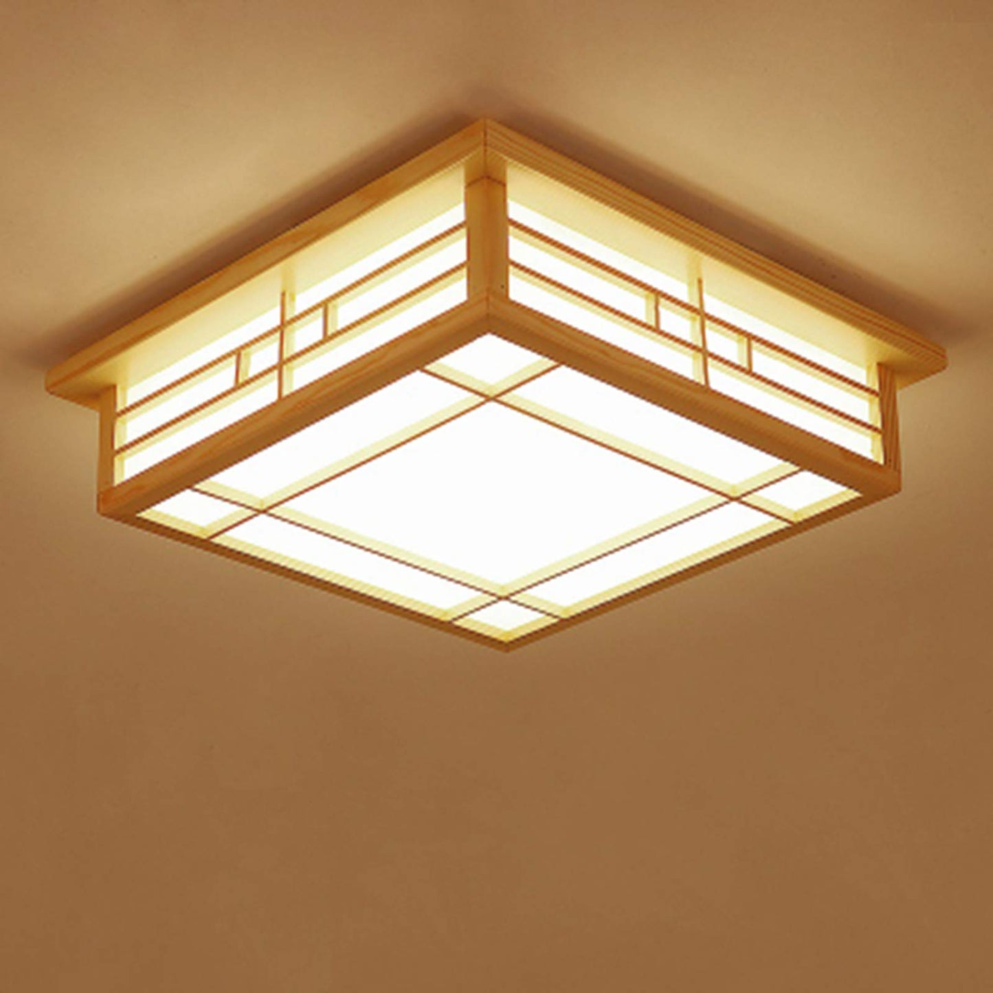 Japanese Style Square Wood Ceiling Light Fixture with LED Lamps, 110V Remote Control Dimmer Light Perfect for Bedroom, Living Room, Dining Room, and Kitchen (35x35cm) - WoodArtSupply