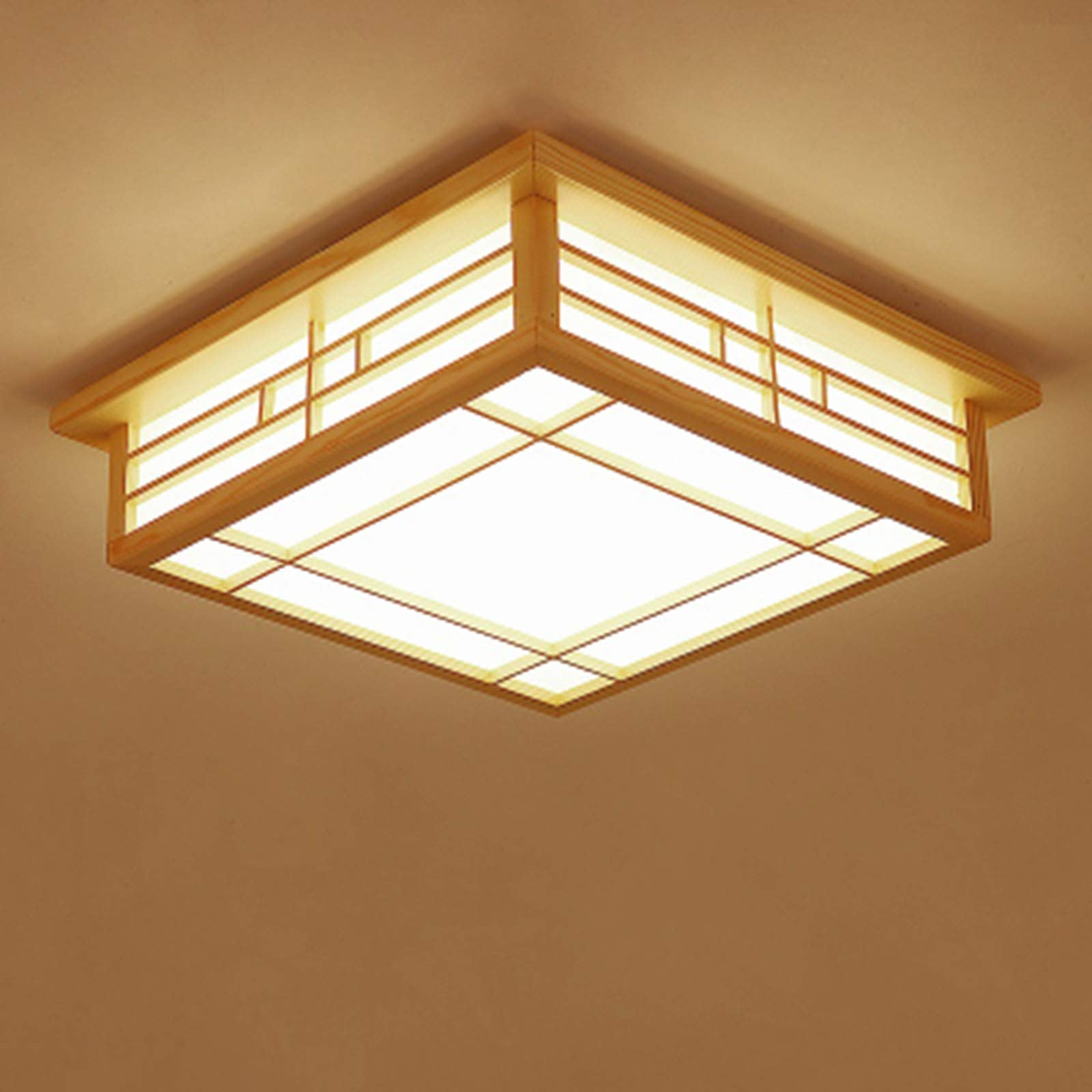 Japanese Style Square Wood Ceiling Light Fixture with LED Lamps, 110V Remote Control Dimmer Light Perfect for Bedroom, Living Room, Dining Room, and Kitchen (35x35cm) - WoodArtSupply