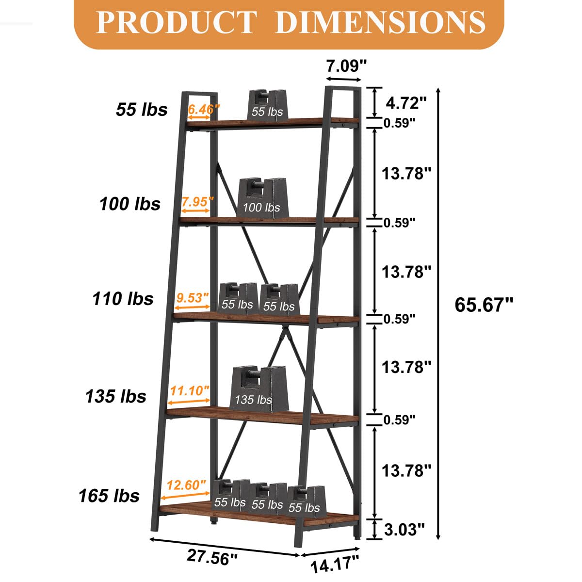 BON AUGURE Rustic Oak 5-Tier Industrial Ladder Shelf Bookcase - WoodArtSupply