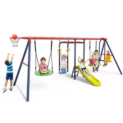 OLAKIDS Swing Sets for Backyard, 7 in 1 Outdoor 660LBS A-Frame Heavy Duty Metal Swing Stand with Monkey Bar for Kids, Playground Playset with Slide, 2 Swings, Glider, Trapeze Rings, Basketball Hoop