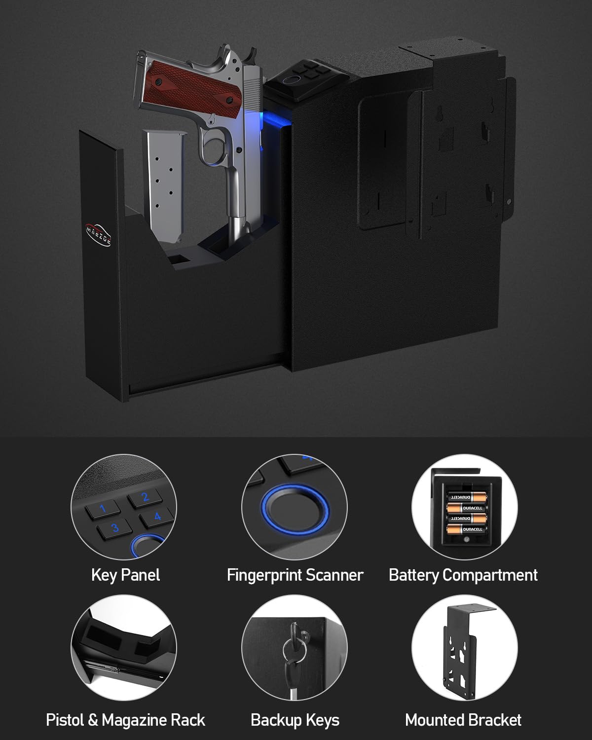 MAEZOE Gun Safe Biometric Pistol Safe with Quick Access Sliding Door, Mounted Nightstand Fireproof Handgun Safe & Gun Lock Box for Truck, Desk, Bedside, Wall with Fingerprint, PIN Code, KEY Access MAEZOE