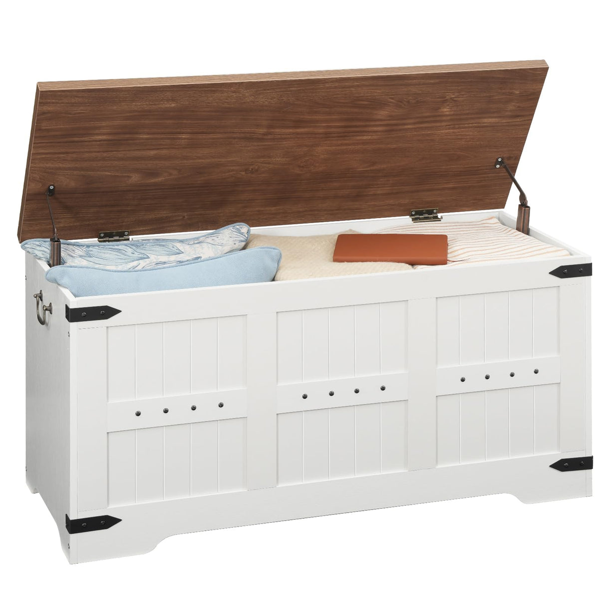 HOOBRO Toy Box, Storage Bench with Safety Hinges, Wooden Toy Chest, 39.4" Farmhouse Storage Chest, for Entryway, Bedroom, Living Room, White and Walnut WH507CW01 HOOBRO