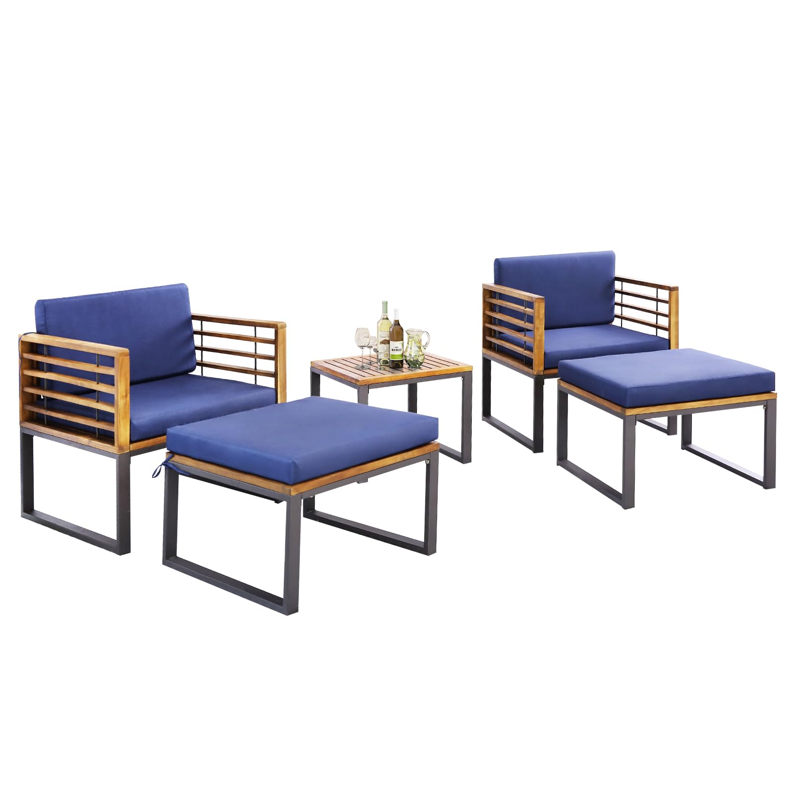 Tangkula 5 Piece Patio Chair Set, Acacia Wood Chair Set w/Ottomans & Coffee Table, Soft Seat & Back Cushions, Outdoor Wood Furniture Set for Backyard, Poolside, Garden - WoodArtSupply