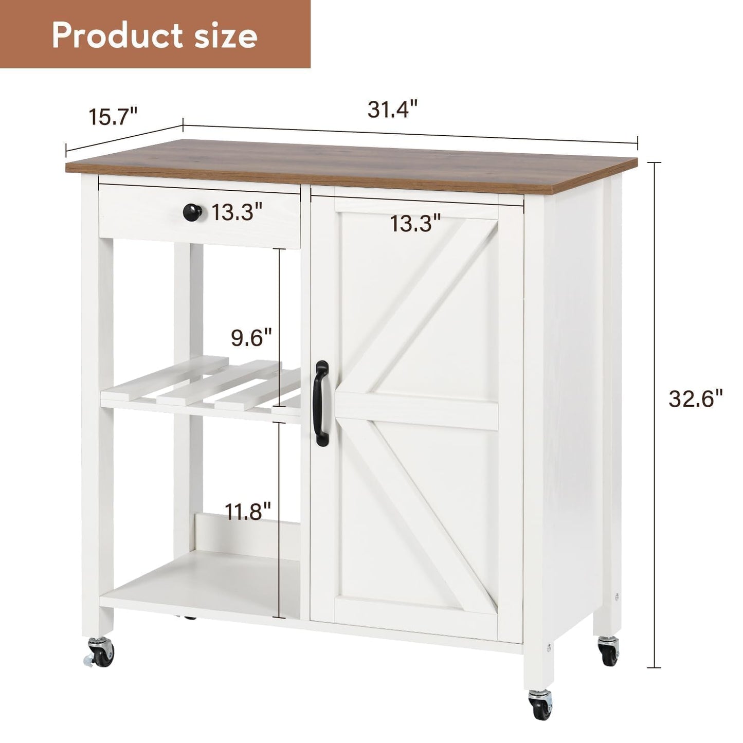 4 EVER WINNER Kitchen Island Cart, Farmhouse Kitchen Island with Drawer Wine Rack, Kitchen Cart Microwave Cart with Storage, Adjustable Shelf Island Table for Kitchen, Living Dining Room, White