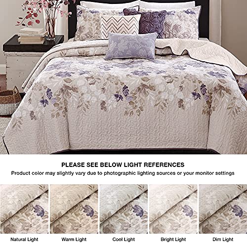 Madison Park Luna Quilt Modern Classic Design All Season, Breathable Coverlet Lightweight Bedding Set, Matching Shams, Decorative Pillow, Full/Queen(90"x90"), Floral Taupe 6 Piece Madison Park