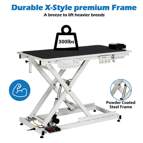 50'' Electric Dog Grooming Table, Heavy Duty, Height Adjustable Pet Grooming Table with Socket w/Leveling Wheels, Grooming Arm, Anti Slip Tabletop & Tool Organizer, for All Pets White Towallmark