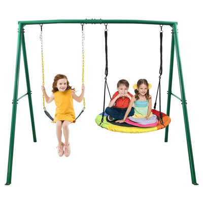 Trekassy 440lbs 2 Seat Swing Set for Backyard, 1 Saucer Swing Seat and 1 Belt Swing Seat with Heavy Duty A-Frame Metal Swing Stand