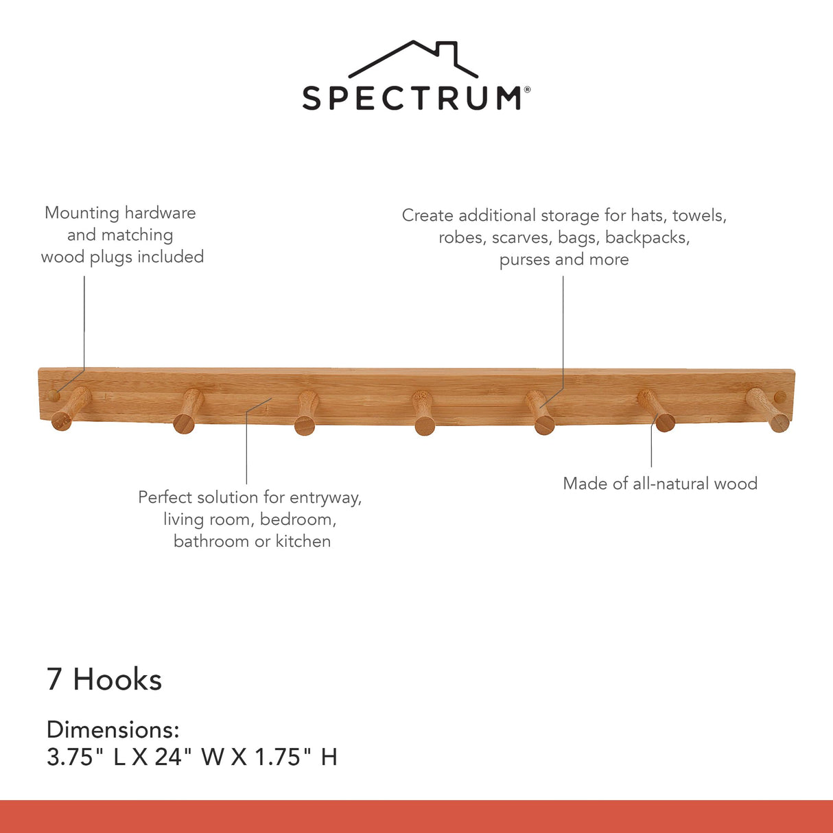 Spectrum Wall Mount 7-Peg Wood Rack (Bamboo) - Organizer for Bathroom, Kitchen, Laundry Room, Office, Garage, Classroom, & More / Hang Entryway Coats, Purses, Scarves, & Hats Spectrum