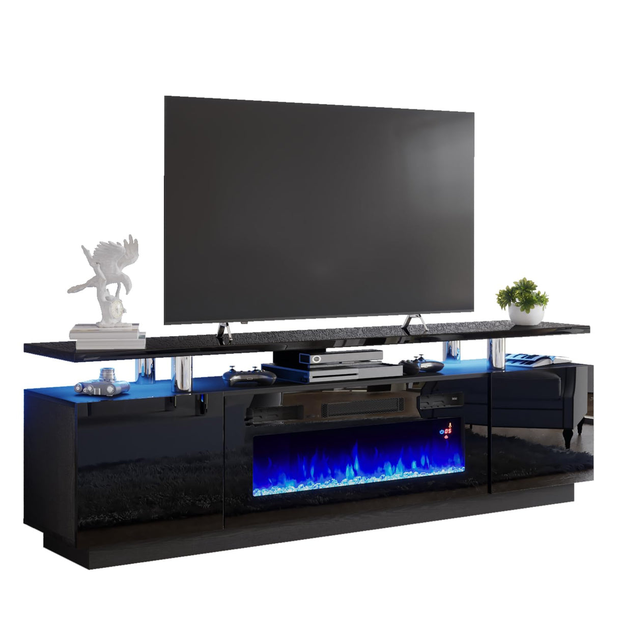 AMERLIFE Fireplace TV Stand with 36" Fireplace, 70" Modern High Gloss Fireplace Entertainment Center LED Lights, 2 Tier TV Console Cabinet for TVs Up to 80", Obsidian Black AMERLIFE