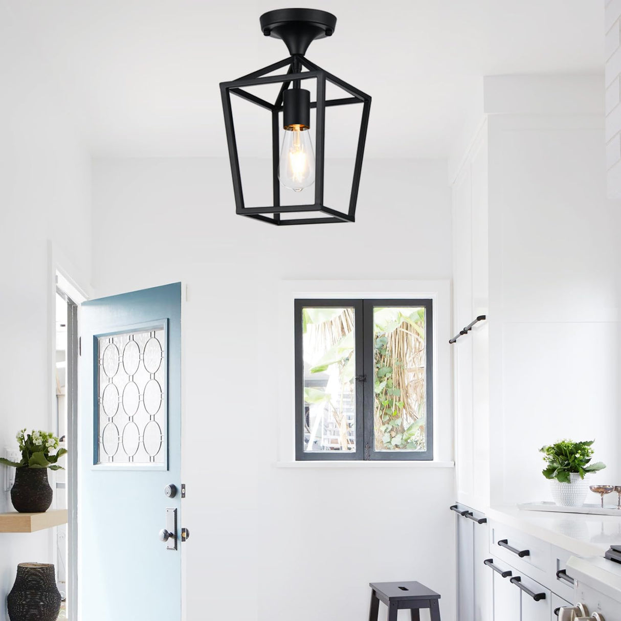 【Upgraded】 Semi Flush Mount Ceiling Light, Black Industrial Ceiling Light Fixtures, Farmhouse Light Fixture for Entryway Porch Hallway Stairway Garage Living Room Dining Room Balcony Lynnoland