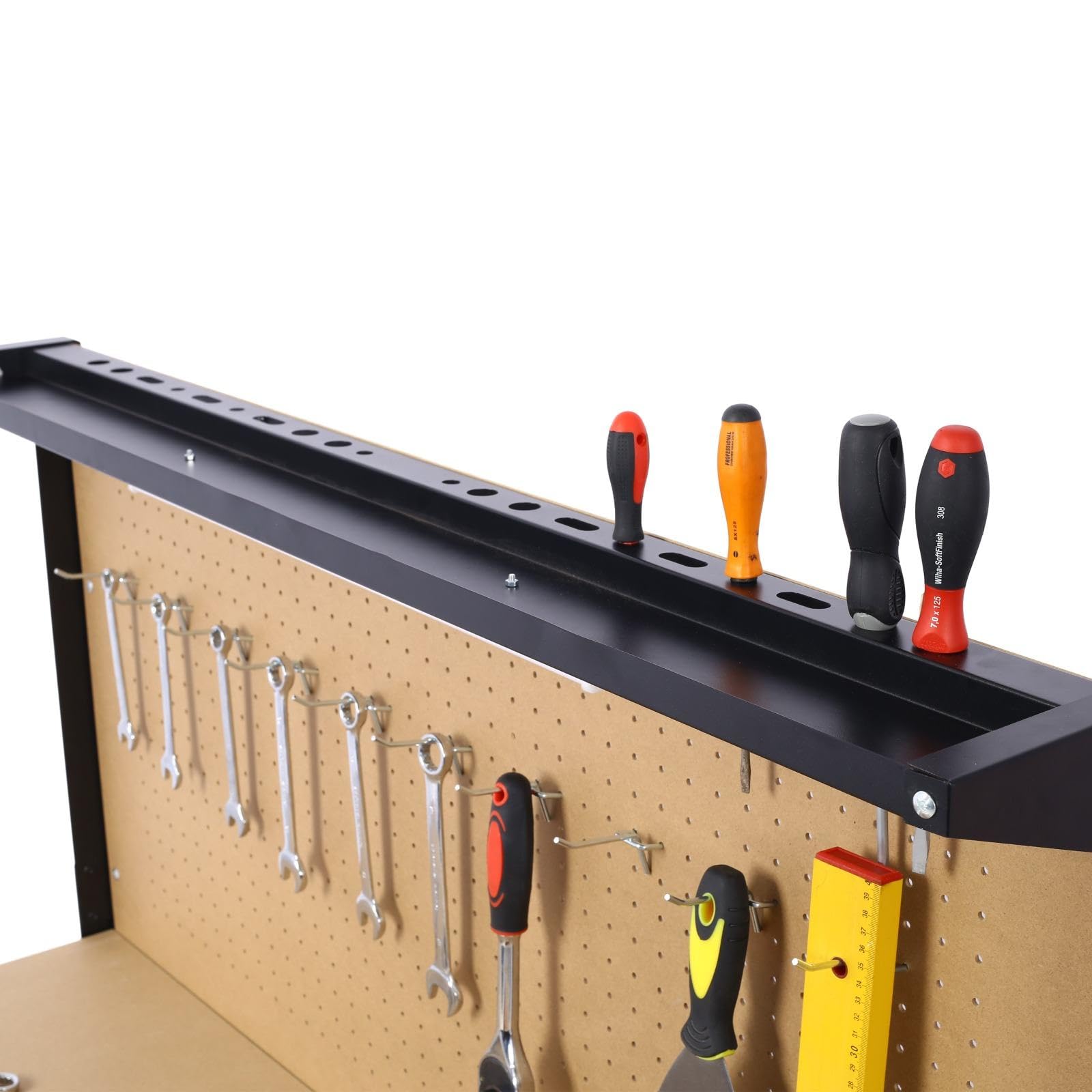 FRITHJILL Heavy-Duty Workbench with Pegboard, Two Drawers, and LED Light, Multipurpose Garage Workstation - WoodArtSupply