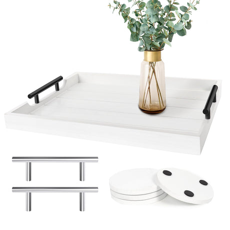 SXNOWS Coffee Table Tray - Large Ottoman Tray for Living Room - Wood Serving Tray with Handles(2 Sets) - Wooden Tray for Coffee Table, 4 Round Coasters Included, White SXNOWS