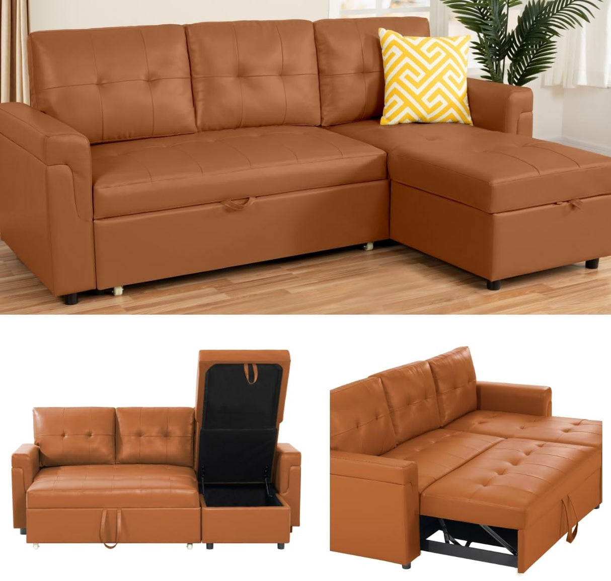 Naomi Home Transform Any Space: Sleeper Sectional Sofa with Convertible Sofa Bed & Inviting Chaise. Find Tranquil Comfort with Stress-Relieving Design & Durable Cushions - Caramel,Air Leather Naomi Home