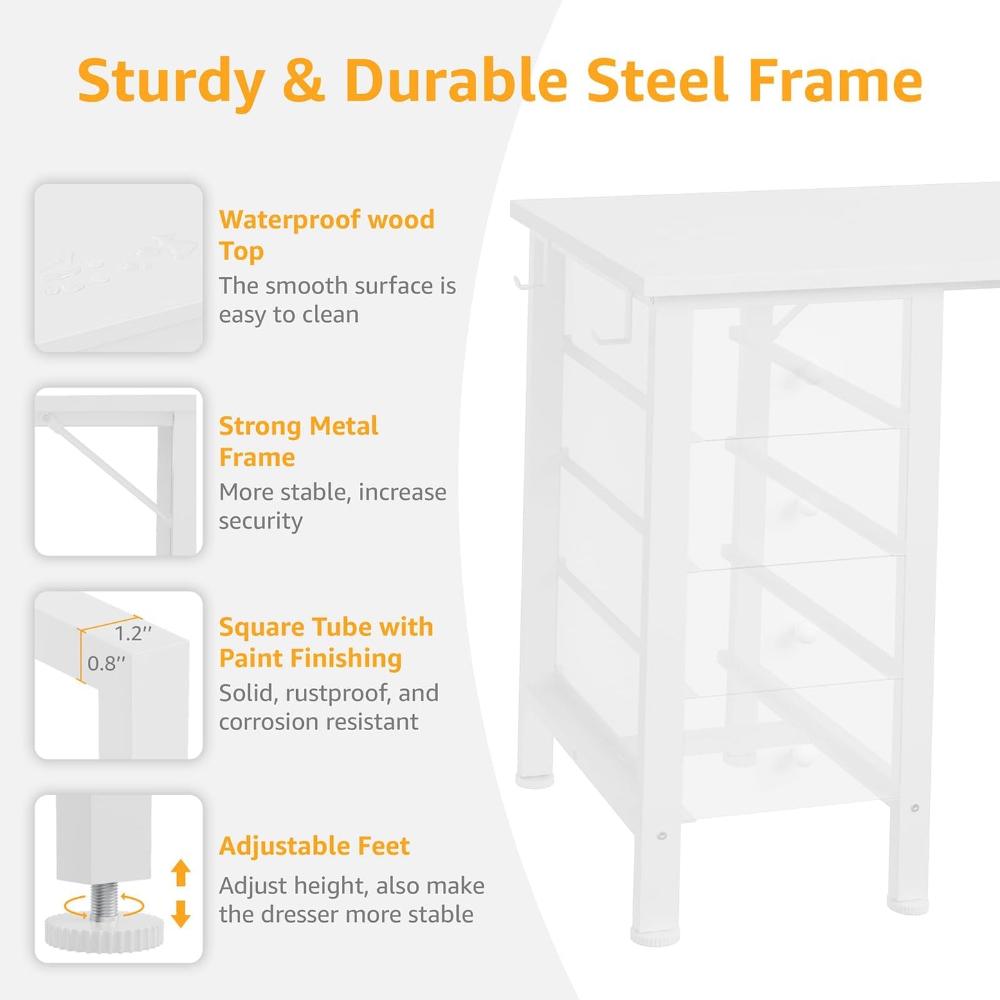 White Computer Desk with Fabric Drawers for Storage, 55 inch Home Office Desk with 8 Fabric Drawers, Writing Study Desk with Drawers on Both Sides for Bedroom