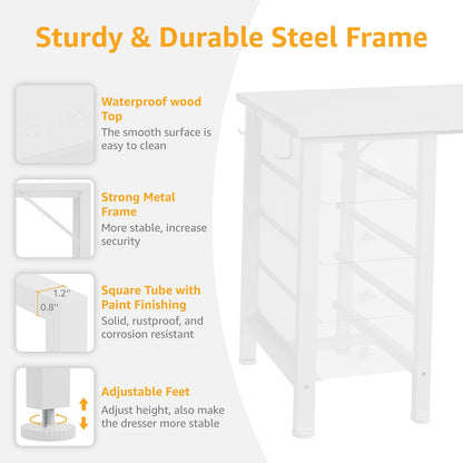 White Computer Desk with Fabric Drawers for Storage, 55 inch Home Office Desk with 8 Fabric Drawers, Writing Study Desk with Drawers on Both Sides for Bedroom