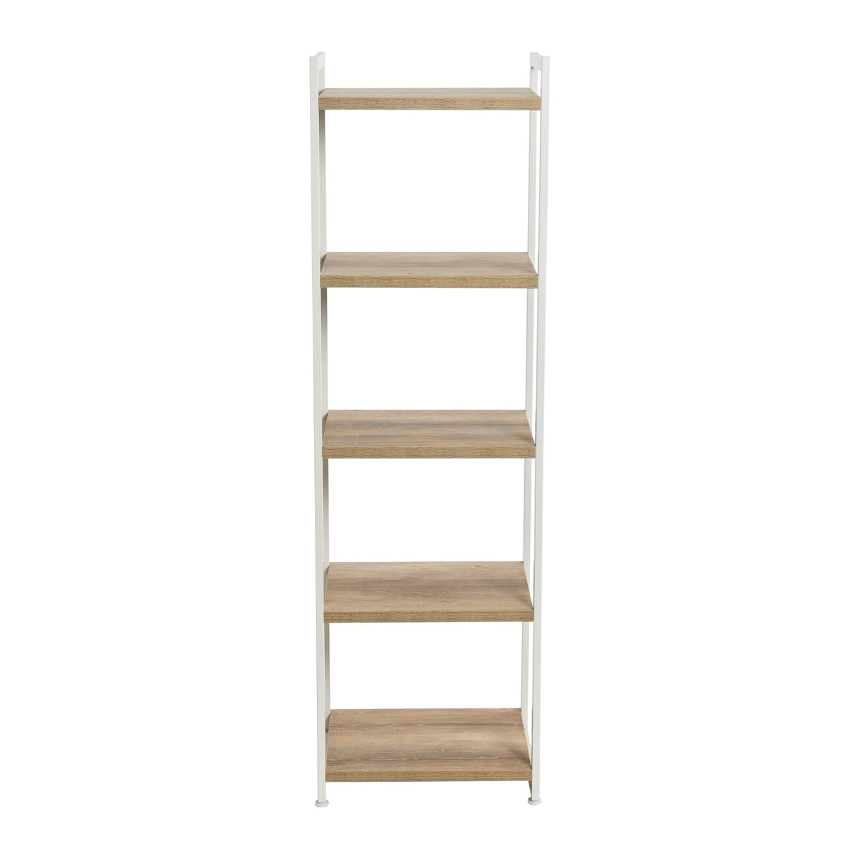 Household Essentials Jamestown Narrow 5 Shelf Open Storage Bookshelf Coastal Oak Rustic Wood Grain and White Metal Household Essentials