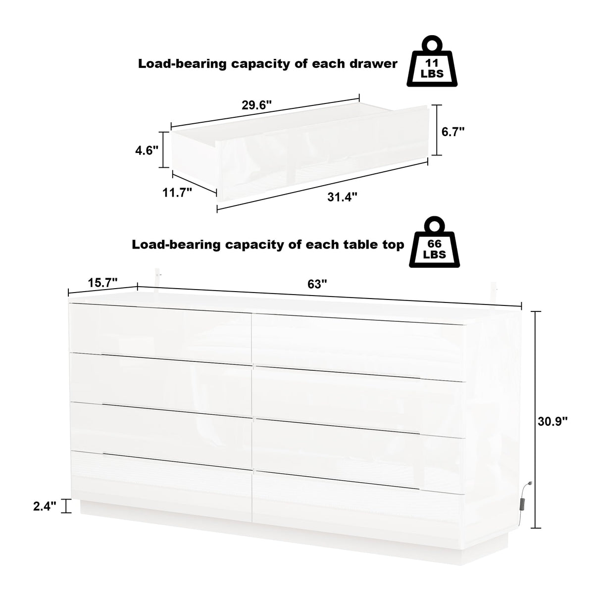 Homsee Large 8 Drawer Double Dresser with LED Light, Modern Dresser Chest of Drawers with High Gloss Surface for Bedroom, White (63”W x 15.7”D x 30.9”H) Homsee