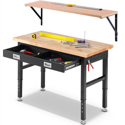 ENJOYWOOD Workbench with Shelf Bracket 48 x 24 Inch Heavy Duty Rubberwood Tabletop Work Table Adjustable Height Work Bench with Drawer, Power Outlets for Garage Woodworking Shop, Home, Office