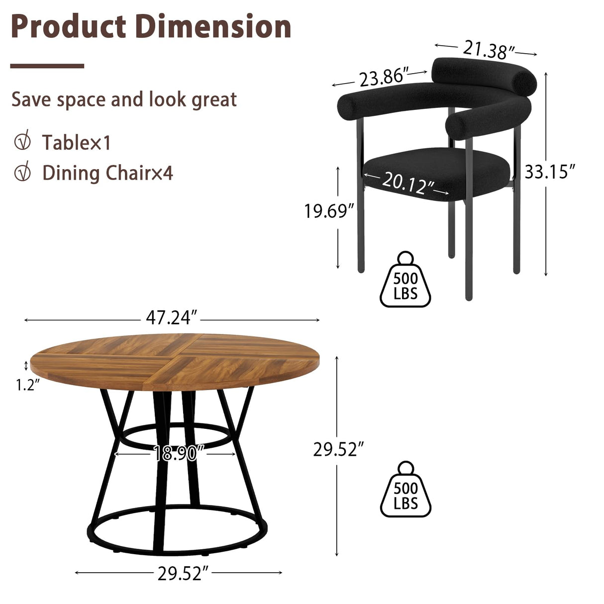 STHOUYN 47” Round Dining Table Set for 4, Small Round Kitchen Table with 4 Boucle Dinner Chairs, Modern Circle 5 Piece Dining Table with Steel Legs (Black) STHOUYN