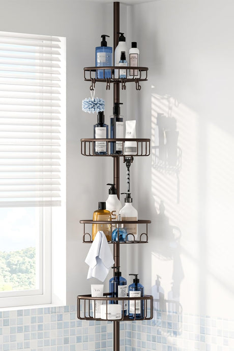 Corner Shower Caddy Tension Pole: Stainless Steel Rustproof 4-Tier Shower Organizer - 47-121 inch Adjustable Bathroom Shelves for Bathtub Shampoo Storage - Tension Rod Floor Standing Bath Rack -Bronze ESSEME