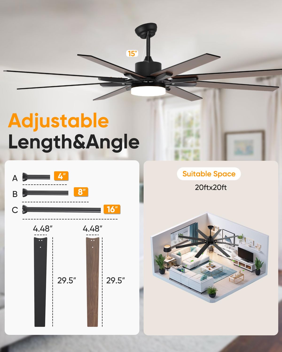 72 inch Large Ceiling Fans with Lights and Remote Indoor/Outdoor Ceiling fan for Living Room Patio Gazebo Kitchen Farmhouse Ceiling Fan Industrial 6 Speed Reversible Quiet DC Motor Dual Side 8 Blades Aircyol