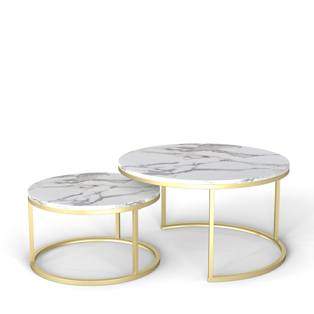 Xinyvee Nesting Coffee Table Set of 2, 31.5" Round Coffee Table Wooden Marble Pattern Accent Furniture, Industrial End Table for Living Room Bedroom Balcony (White/Gold) Xinyvee