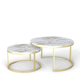 Xinyvee Nesting Coffee Table Set of 2, 31.5" Round Coffee Table Wooden Marble Pattern Accent Furniture, Industrial End Table for Living Room Bedroom Balcony (White/Gold) Xinyvee