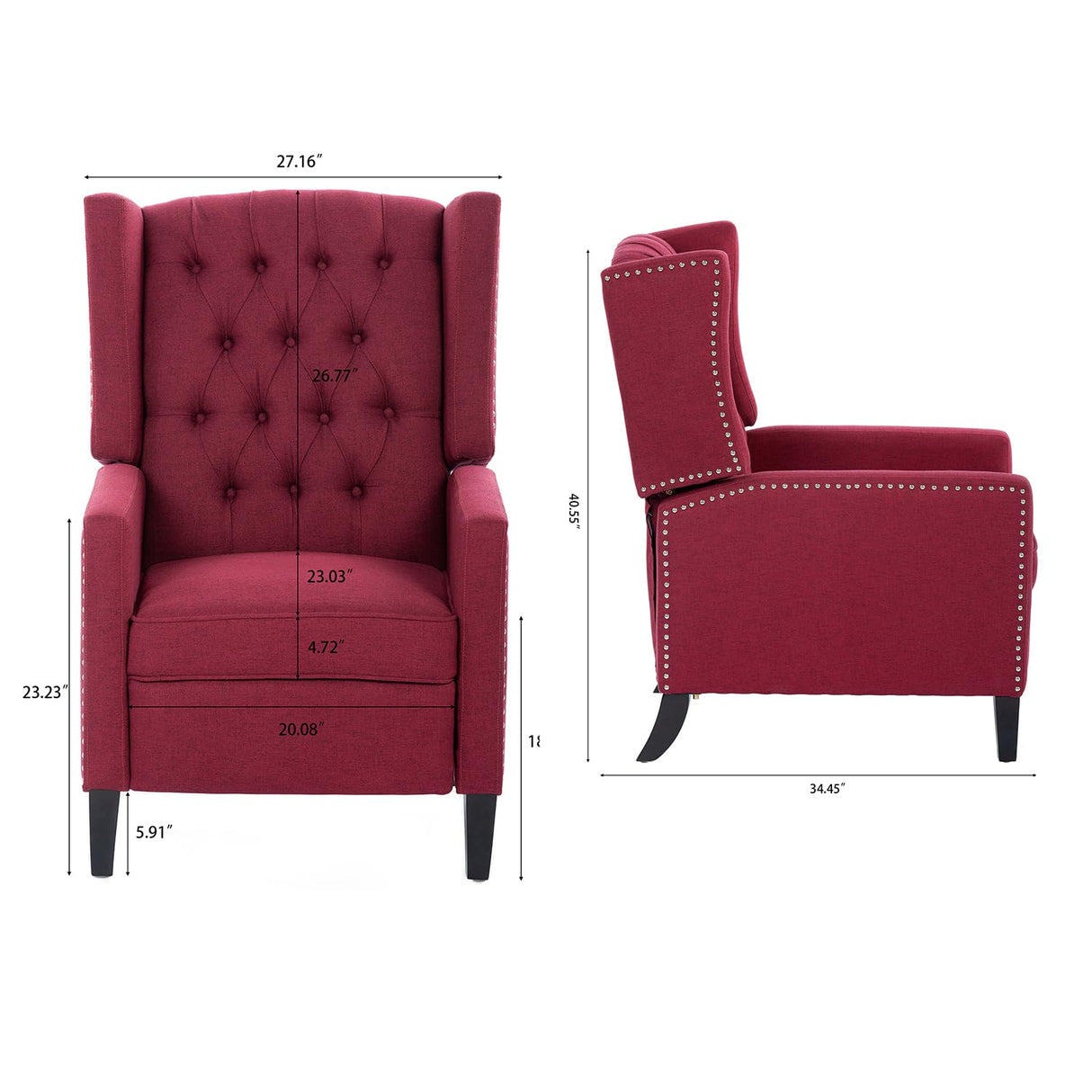Pushback Recliner,Comfortable Wingback Recliner Sofa Chair With Adjustable Backrest Tufted Fabric Upholstered Armchair,Retro Rivets Decorated Recliner for Living Room Bedroom Office Home Theater (Red) Gustonhon