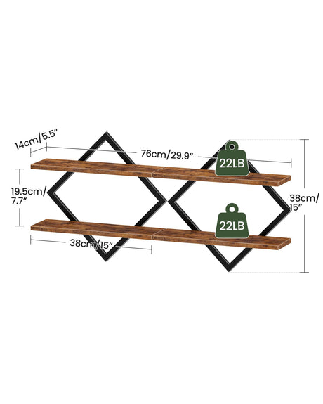 CHOEZON Floating Shelves, Set of 2 Wall Shelves, 2-Tier Hanging Shelves, Wall Shelf Set of 2, Wall Mounted Shelves, for Living Room, Bedroom, Kitchen, Office, Study, Rustic Brown TBJ01P2BF CHOEZON