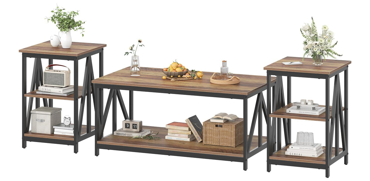 Bigbiglife Living Room Coffee Table Set of 3, Industrial Triangular-Design Coffee Table and 2 End Side Tables, 3 Piece Living Room Table Set with Large Storage for Apartment Home (Rustic Brown) Bigbiglife